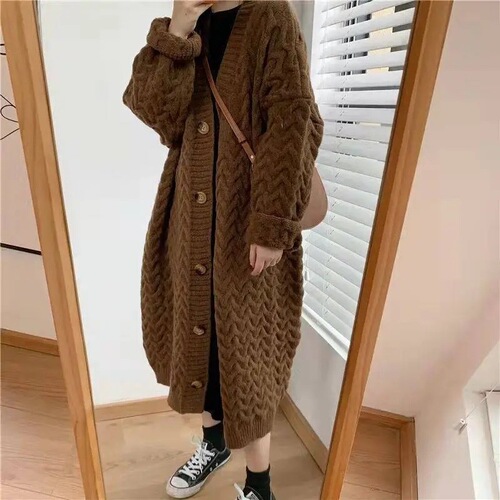 Languid-style solid color mid-length cardigan for women, suitable for spring, autumn, and winter, unique design sense, knee-length knitted sweater, loose outerwear
