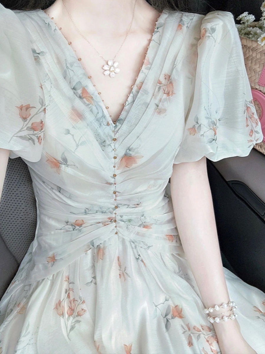 Váy liền hoa cổ chữ V tay bồng dáng dài mùa hè — Màu xanh lục nhạt chi tiết 1