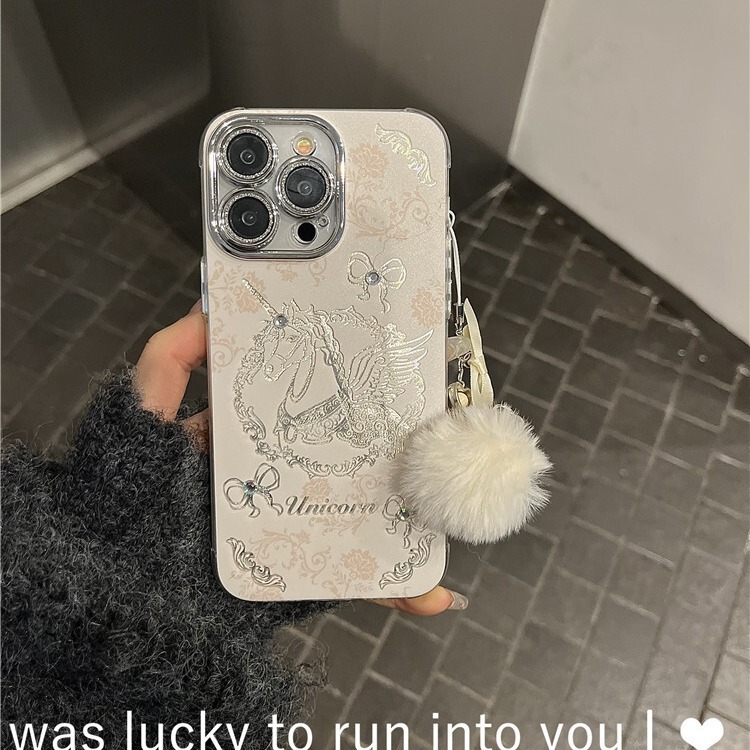 Poopookai Korean Style Unicorn Fur Ball Pendant Suitable for Apple 15Iphone14 Mobile Phone Case 13Proma16