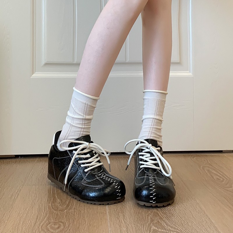 软皮版~内增高6cm小众复古德训鞋女运动休闲系带阿甘鞋芭蕾板鞋|undefined