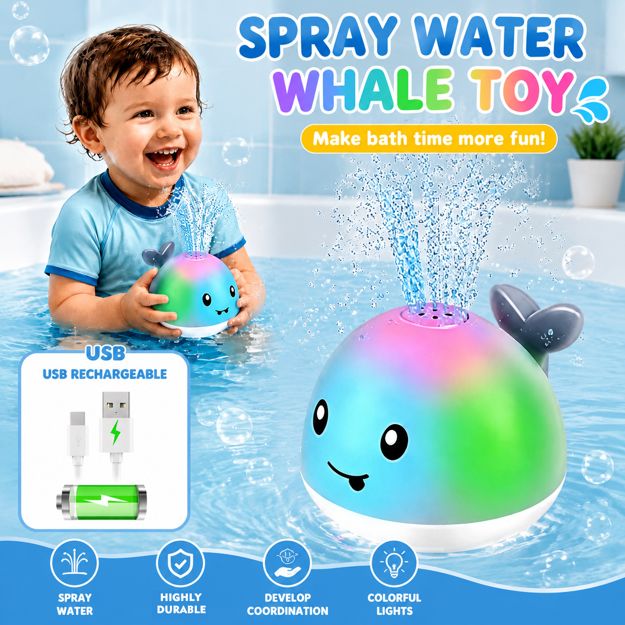 New Cross-Border Electric Induction Charging Water-Spraying Whale Light and Music Toy Baby Bathroom Water Play Toy