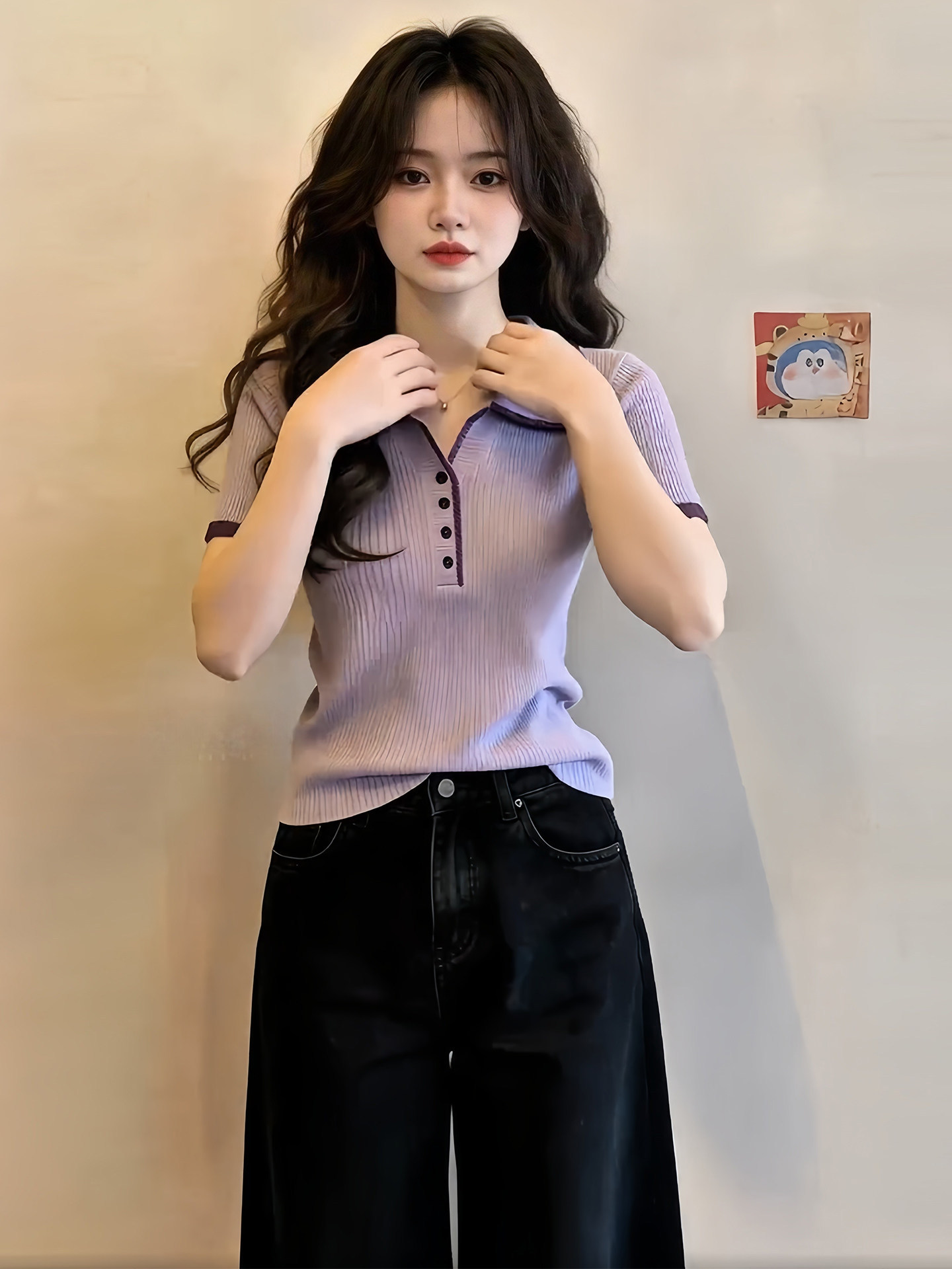 Áo thun polo nữ tay ngắn dệt kim phối màu vai thon gọn — màu tím