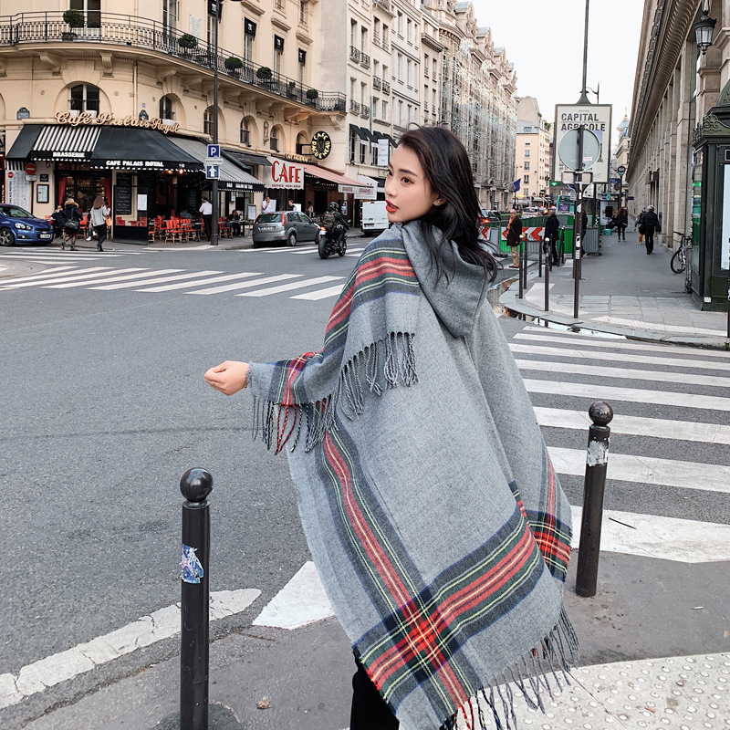 Cross-Border New Striped Tassel Hooded Cape Shawl Comfortable and Warm Travel Scarf Bohemian Large Cape