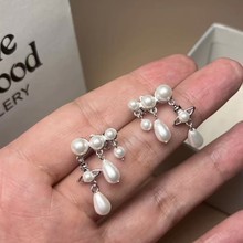 西太后1:1薇薇安同款三连排珍珠水滴流苏土星耳钉女时尚星球耳环