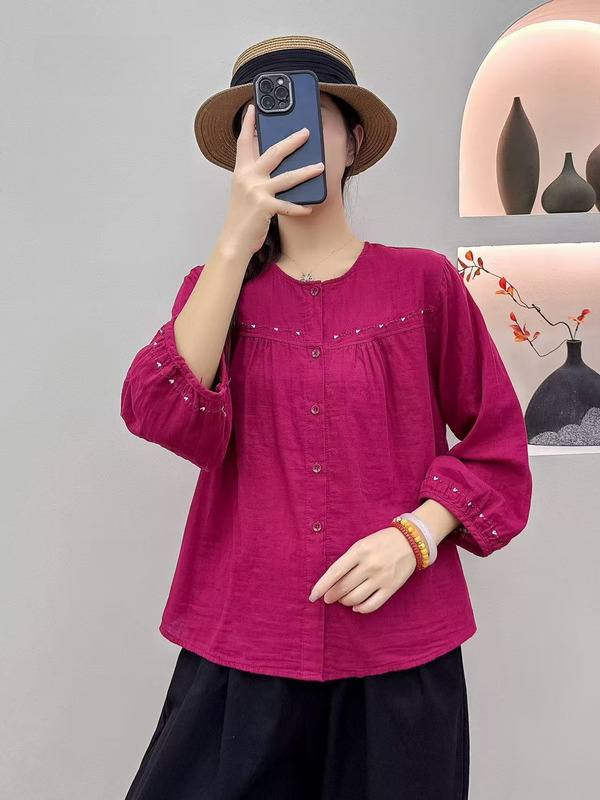 2025秋季新款大码双层棉纱衬衫文艺刺绣灯笼袖宽松百搭休闲女上衣|undefined