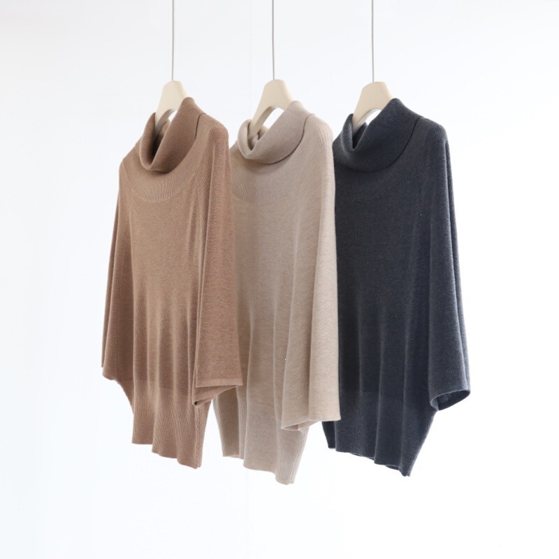 Wool and cashmere blend batwing sleeve, waist-cinching, off-shoulder, draped collar, minimalist knit pullover top, new autumn style