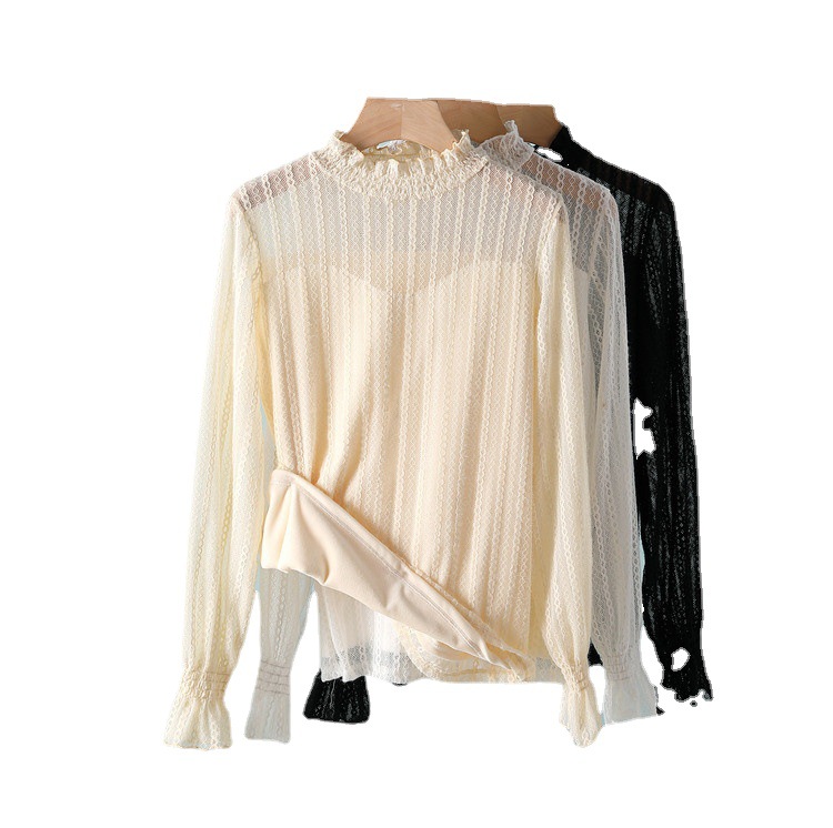 Fleece-lined Thickened Lace Base Shirt Women's Autumn and Winter New High Neck Stylishness Small Shirt Brushed Warm Mesh Top