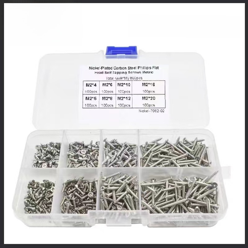 국경 간 폭발 800PCS M2 KA 셀프 태핑 스크류 세트 박스 탄소강 크로스 플랫 헤드 셀프 태핑 스크류 세트