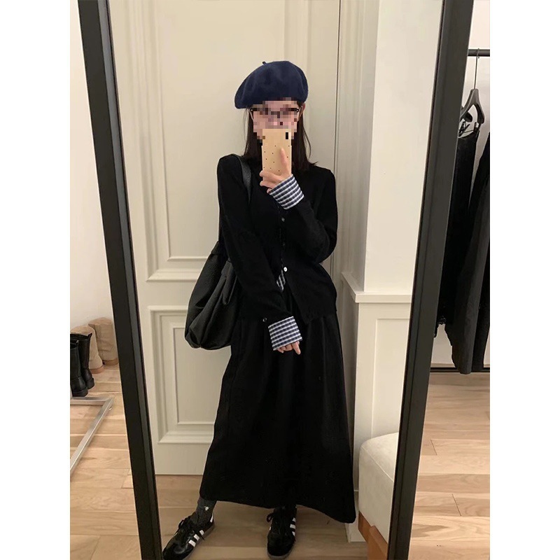 春秋冬季针织开衫女韩系减龄单排扣上衣外套撞色格纹拼接黑色毛衣|undefined