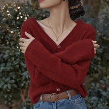 2022春季新款紅色v領毛衣開衫外套女設計感小眾短款針織上衣外搭