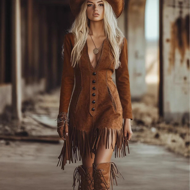 Women's New Vintage Fake Button Pocket Tassel Dress