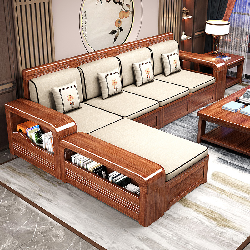 Walnut Solid Wood Sofa Living Room Small Apartment New Chinese Style Solid Wood Sofa Modern Simple Log Storage Furniture