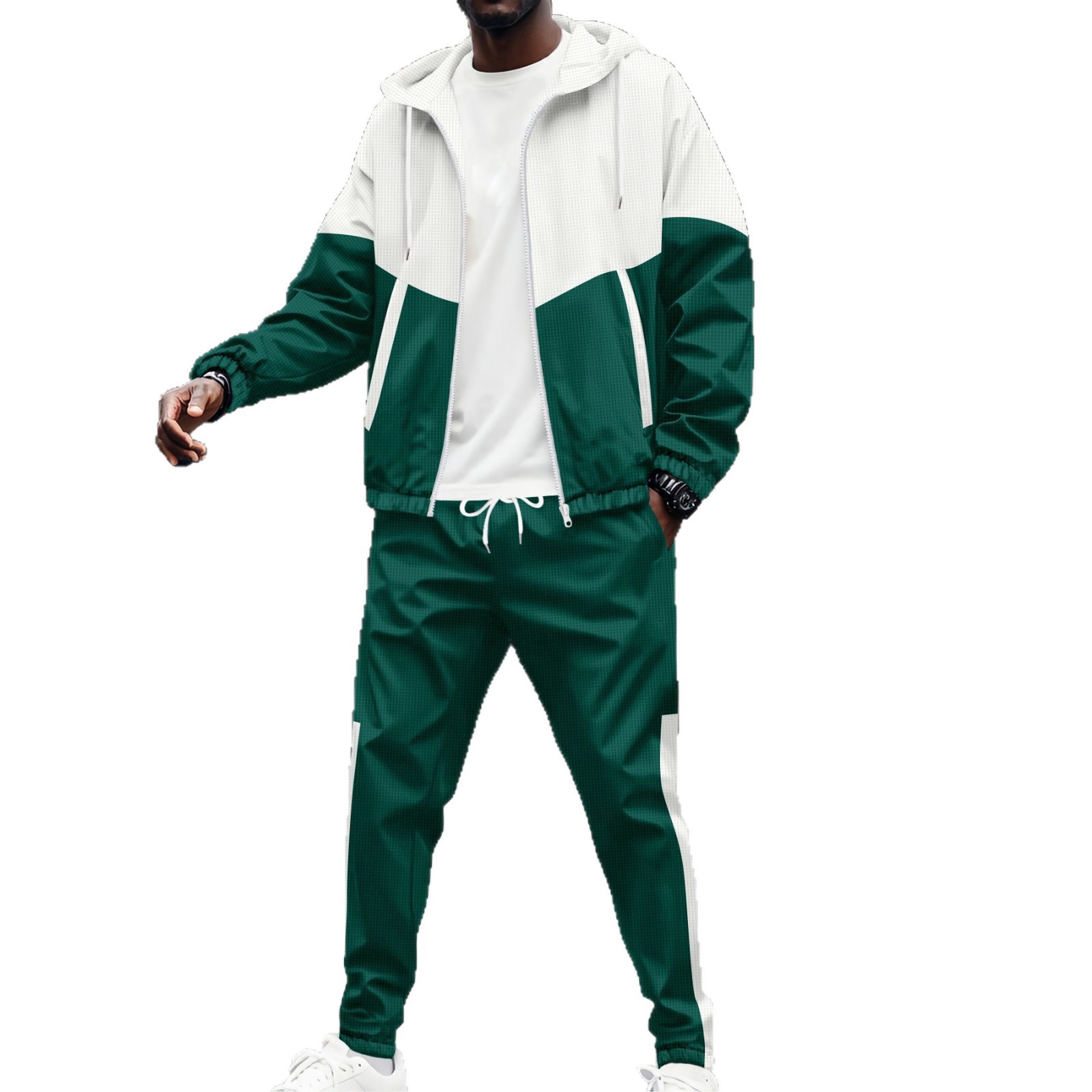 Herren-Trainingsjacke mit Kapuze, Reißverschluss, zwei Taschen, Patchwork-Design, Farbblock-Design, normale Passform, Kurzarm, elegant, aus Polyester_voghion.com