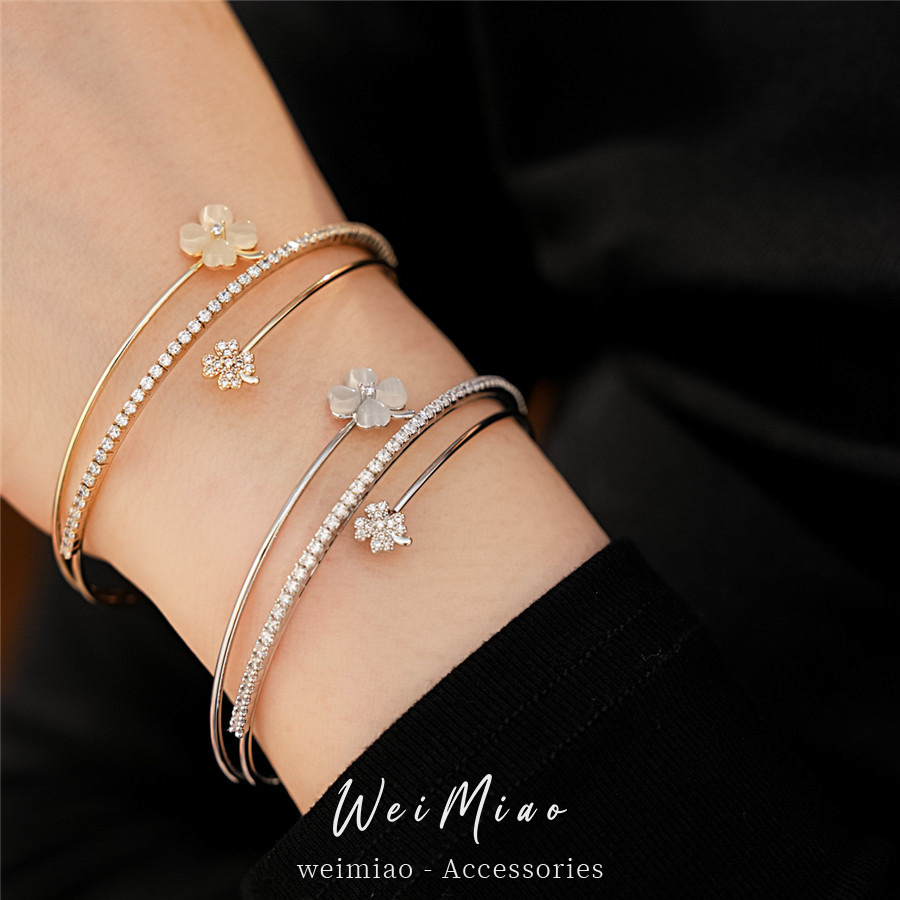 Zircon ojo de gato piedra de hierba afortunada flor de tres capas abertura pulsera temperamento pulsera de moda lujo ligero nicho joyería al por mayor