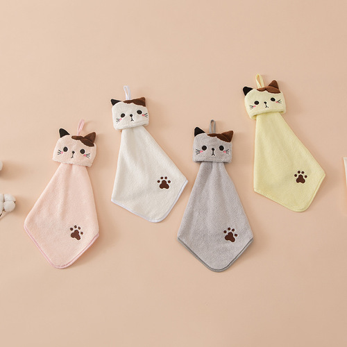 Coral velvet pocket cat embroidered hand towel bathroom hanging absorbent towel kitchen bathroom dual-use square towel wholesale
