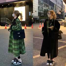 复古时髦撞色绿格高品质毛呢外套正反两穿宽松长款羊羔毛大衣冬季