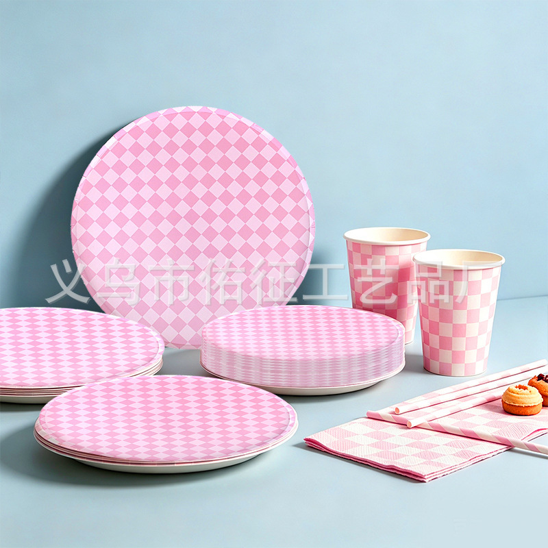 New disposable pink checkered pizza round paper plate, paper cup, paper towel set for holiday parties, paper tableware New disposable pink checkered pizza round paper plate, paper cup, paper towel set for holiday parties, paper tableware