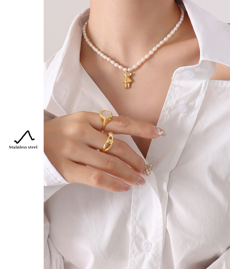 Cartoon Style Cartoon Character Imitation Pearl Titanium Steel Pendant Necklace Stainless Steel Neck