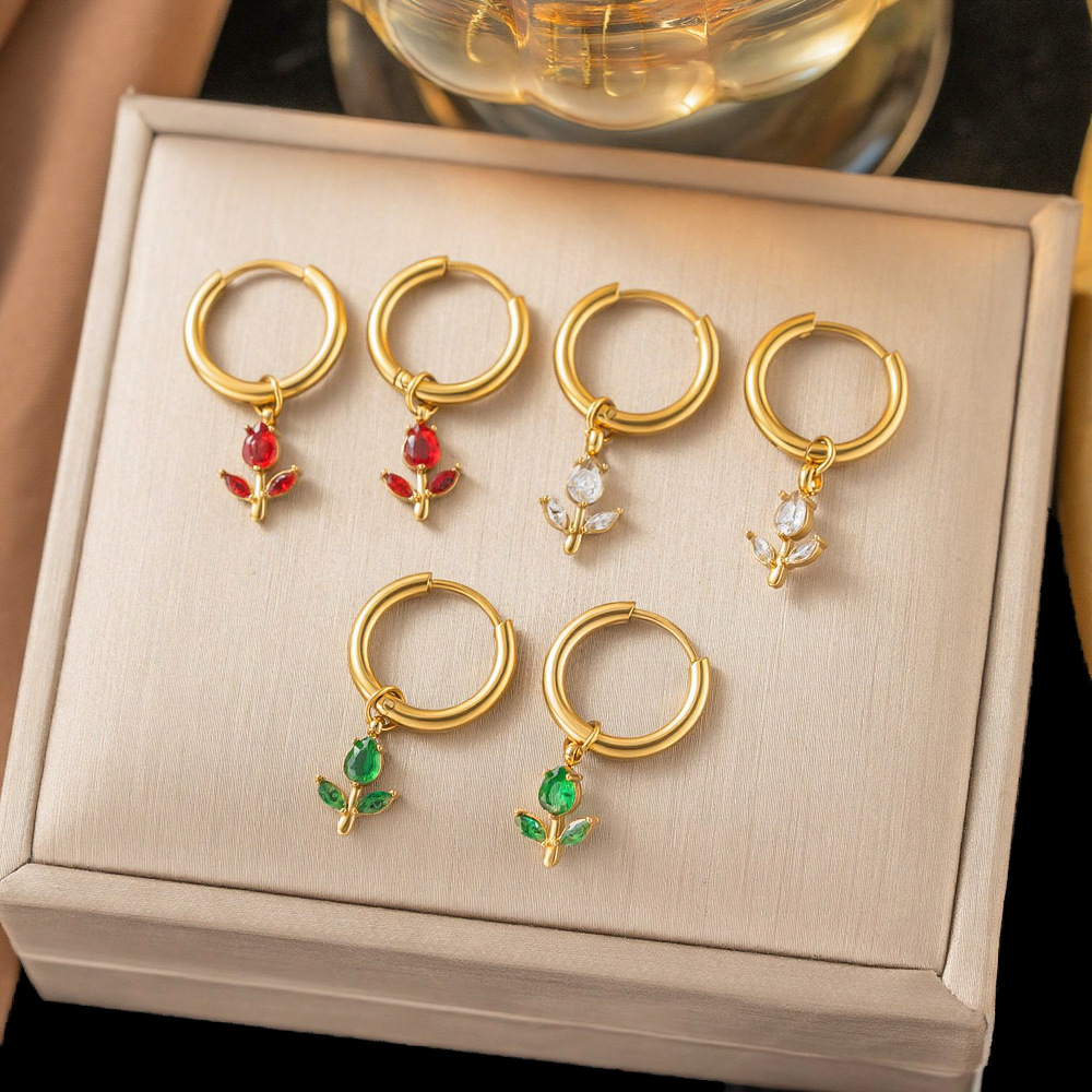 New floral colored diamond pendant earrings, popular online, light luxury niche earrings, stainless steel 18K gold plated earrings for women