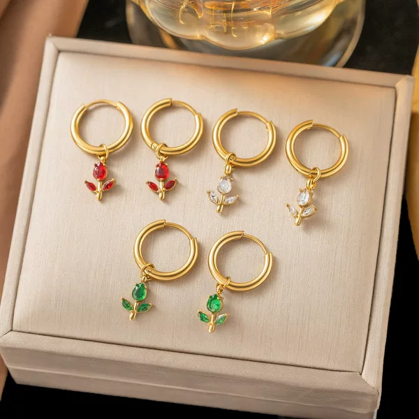 New floral colored diamond pendant earrings, popular online, light luxury niche earrings, stainless steel 18K gold plated earrings for women