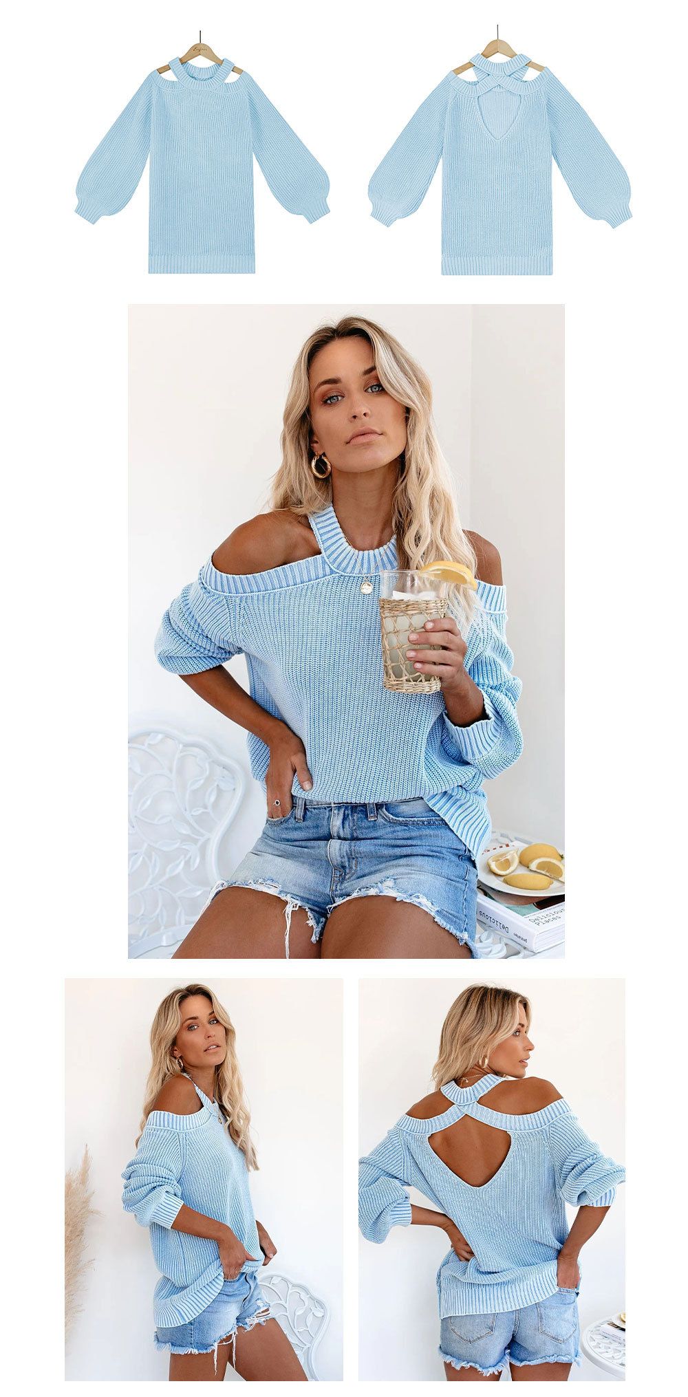 solid color long-sleeved off-the-shoulder commuter OL knitted sweater NSWJY118383