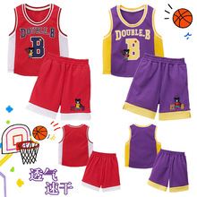 现货夏季儿童篮球运动套装卡通黑熊字母速干背心短裤球衣