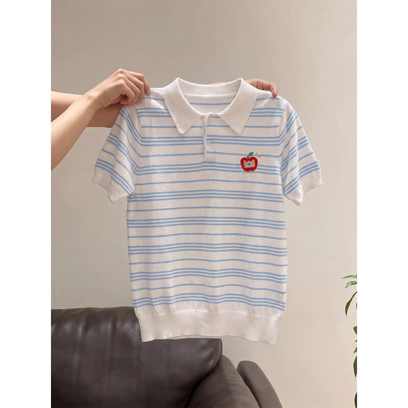 Blue and White Striped Polo Shirt Short-Sleeved Thin Knitted Sweater Top Short-Sleeved T-Shirt for Women
