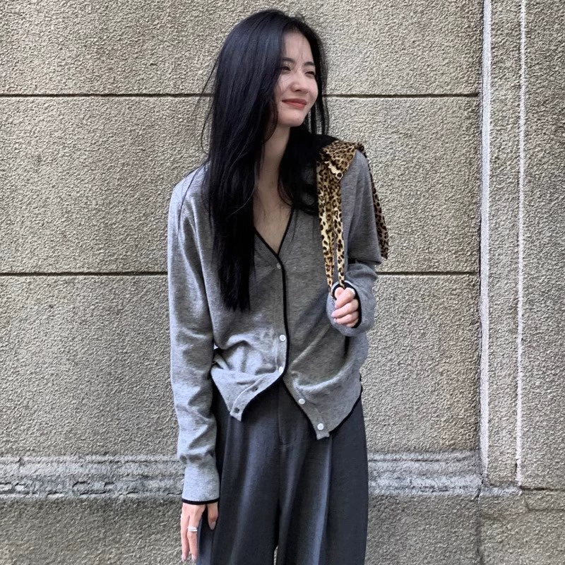 COTONE 2025 ранняя весна корейский стиль контрастный v-образный вырез вязаный кардиган топ свободный черный свитер женская куртка серый