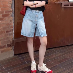 大きいサイズの太ったmmの復古の青いa字のデニムの半ズボンの女性の夏の新型の高い腰はやせているまっすぐな筒の広い足の5分のズボンを現します。