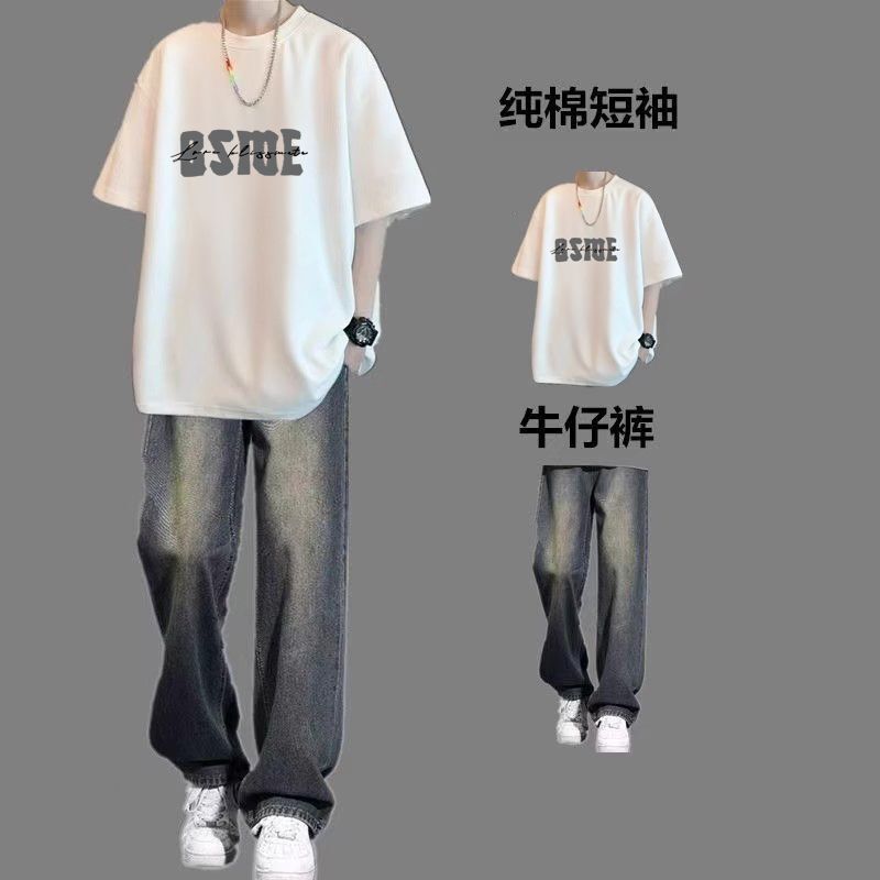 Casual Suit for Men, Summer 2025 New Short-Sleeved T-Shirt Paired with Jeans, Men's Trendy Set