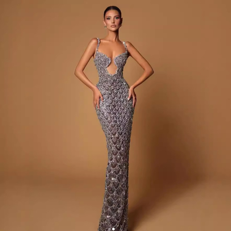 European and American New Cross-border Suspenders U-collar Fish Scale Beads High Waist Slim-fit Slimming Birthday Party Host Dress