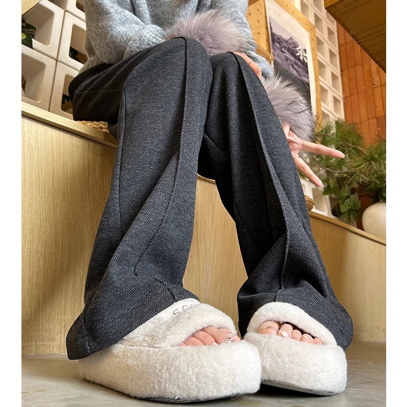 Pantalones de piernas anchas con patrón de herringe para mujeres otoño y invierno 2024 nuevos pantalones de lana de cintura alta, pantalones recto delgados casuales