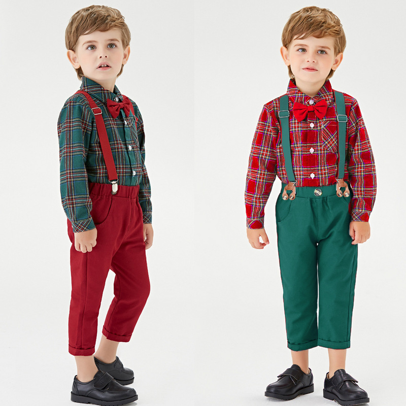 Christmas Fashion Plaid Cotton Boys Clothing Sets display picture 1