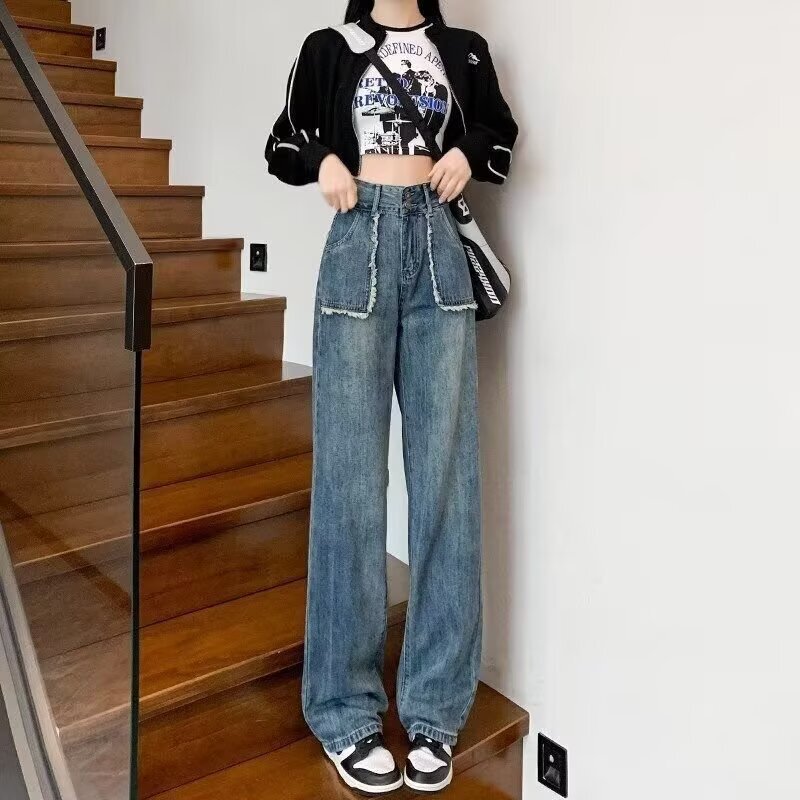 High-Waisted Retro Jeans for Women 2025 New Thin Straight Ultra-High-Waisted Slimming Look Draped Wide-Leg Floor-Length Pants