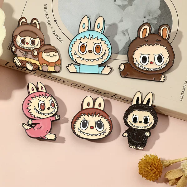 Cross-Border New Labubu Metal Enamel Brooch, Two-Dimensional Cartoon Badge for Bags and Clothes, with a Fresh and Sweet Style