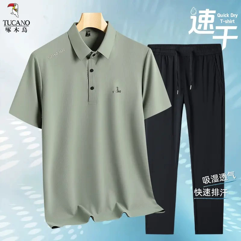Дятел ледяной шелк костюм мужской летний дышащий быстрый сухой с короткими рукавами рубашка поло с короткими рукавами брюки из двух частей