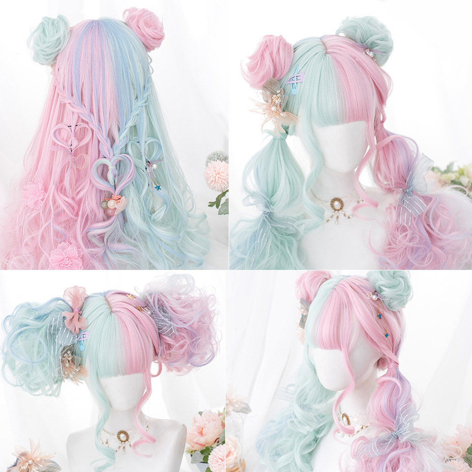 Synthetische pruik Zacht meisje Dames Kleurrijk Volledige pony cosplay Lolita Lang krullend haar_voghion.com