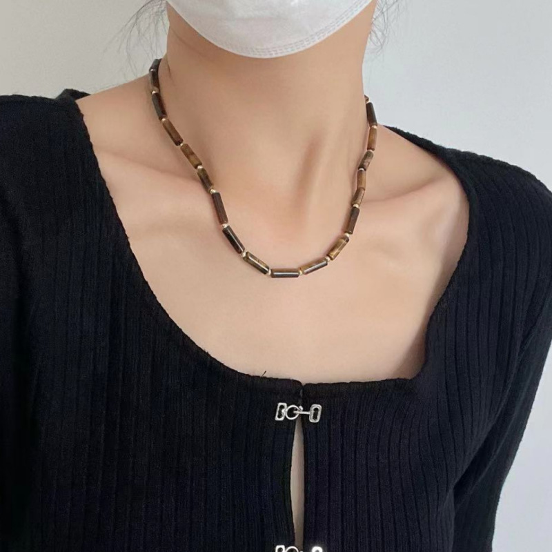 Geometric Pattern Women'S Gender Vintage Style Geometric Natural Stone Tiger Eye 18k Gold Plated Necklace In Bulk