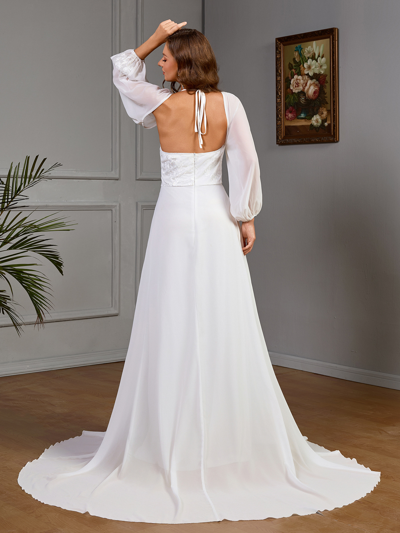 Europa y Estados Unidos comercio exterior transfronterizo ropa de mujer Amazon manga larga sexy vestido de boda de cuello en V encaje empalme cola image 3