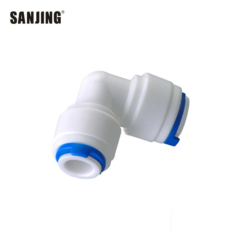 Venta al por mayor conector purificador de agua 2 puntos enchufe rápido codo conector de tubería de agua de tipo L 2 puntos de tubería de PE conector de extensión de esquina 4040