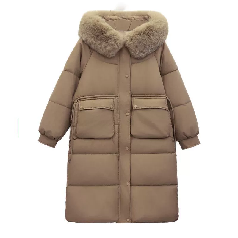 2024 новая хлопчатобумажная длинная утолщеная, теплая, холодная мода, пригородная хлопчатобумажная одежда, шерстяной воротник, зимняя хлопчатобумажная куртка