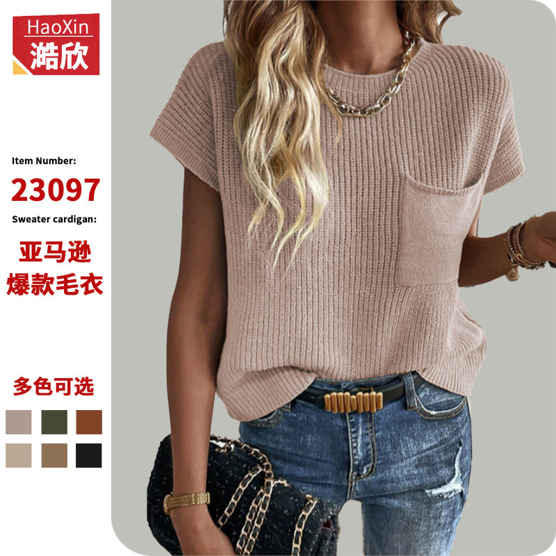 Cross-border Foreign Trade Women's Autumn and Winter New Sleeveless Knitwear with Pocket Vest European and American Pit Pullover Crewneck Sweater