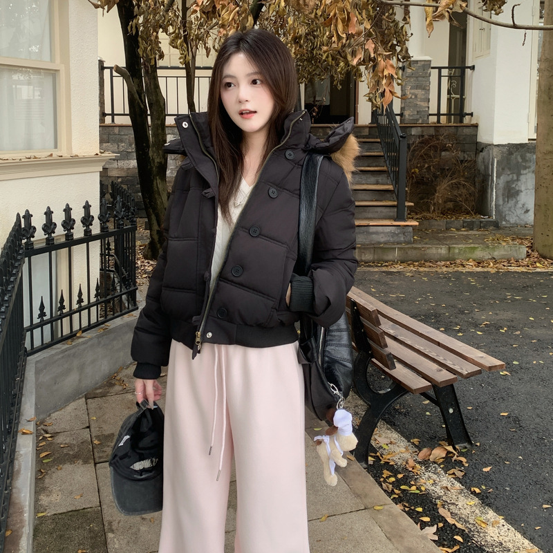 冬季百搭藏青色连帽毛领短款棉衣棉袄女新款保暖加厚羽绒棉服外套|undefined