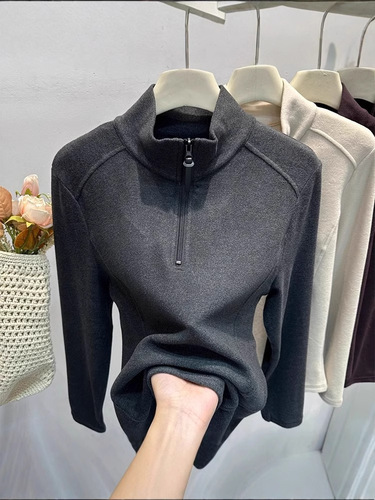 Half-Open Collar Zipper Fleece Base Shirt for Women Autumn/Winter Slimming Sweatshirt with Plush Warm Stand-up Collar Sweatshirt Thick T-shirt
