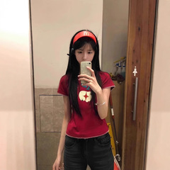 韓国風楽しいカラフルなアップル刺繍ラウンドネック半袖Tシャツレディース春夏スリムフィット万能右肩ショートトップ