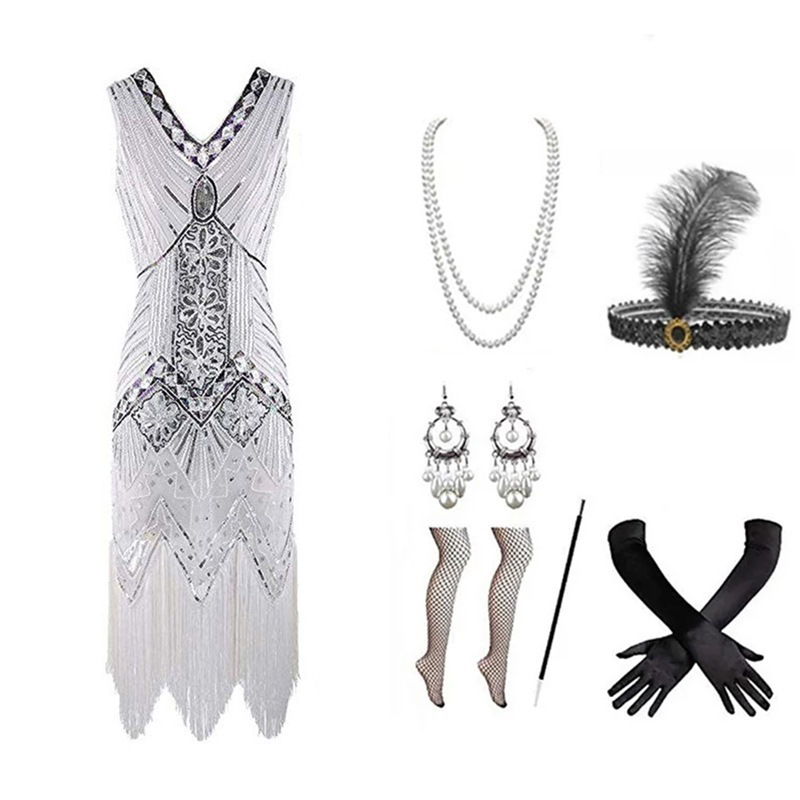 1920S Vintage S-4Xl Gatsby Dress with Heavy Beading, Sequins, and Tassels, European and American Style, Wholesale 1920S Vintage S-4Xl Gatsby Dress with Heavy Beading, Sequins, and Tassels, European and American Style, Wholesale