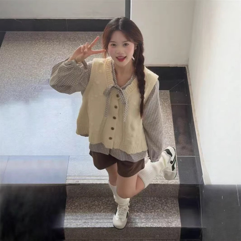 Korean-Style Sweet and Soft Knitted Sweater Vest and Plaid Bow Shirt Two-Piece Set for Female Students Korean-Style Sweet and Soft Knitted Sweater Vest and Plaid Bow Shirt Two-Piece Set for Female Students