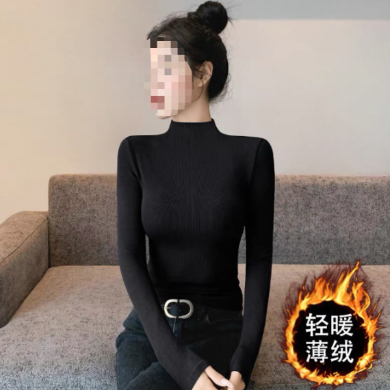 Manufacturer's 2026 Spring Ribbed Half-Turtleneck Base Shirt for Women, Brushed and Fleece-Lined, Black Slim Fit Thermal Top