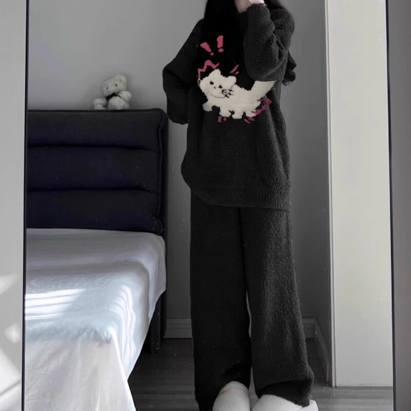 Fluffy Kitten Fleece Pajamas, New Autumn and Winter Women's Half-Velvet Warm Casual Loungewear Set That Can Be Worn Outside