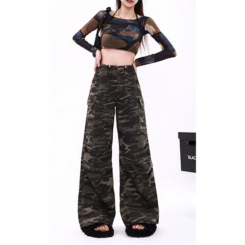 Камуфляжные Джинсы женские 2023 осень-зима новые свободные вертикальные широкие прямые модные брюки с высокой талией и высокой талией для похудения